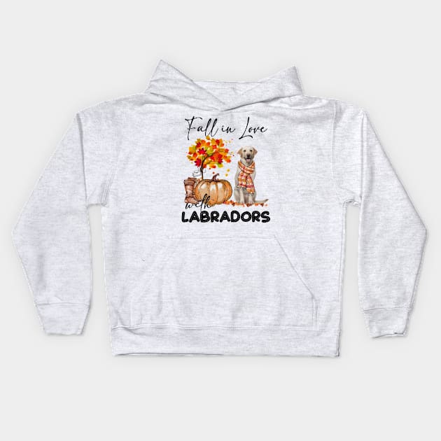 Fall In Love With Yellow Labradors Fall Pumpkin Thanksgiving Kids Hoodie by Gearlds Leonia